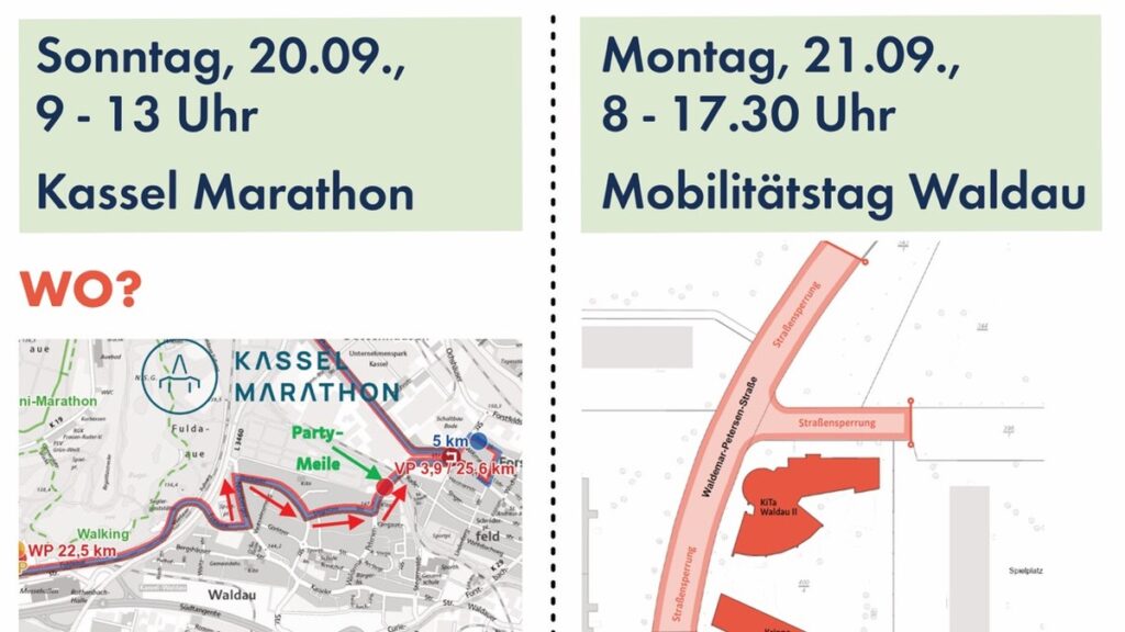 Zwei Veranstaltungen im September 2026: Kassel Marathon am 20.09. und Mobilitätstag Waldau am 21.09. mit Karten und Streckenverlauf.
