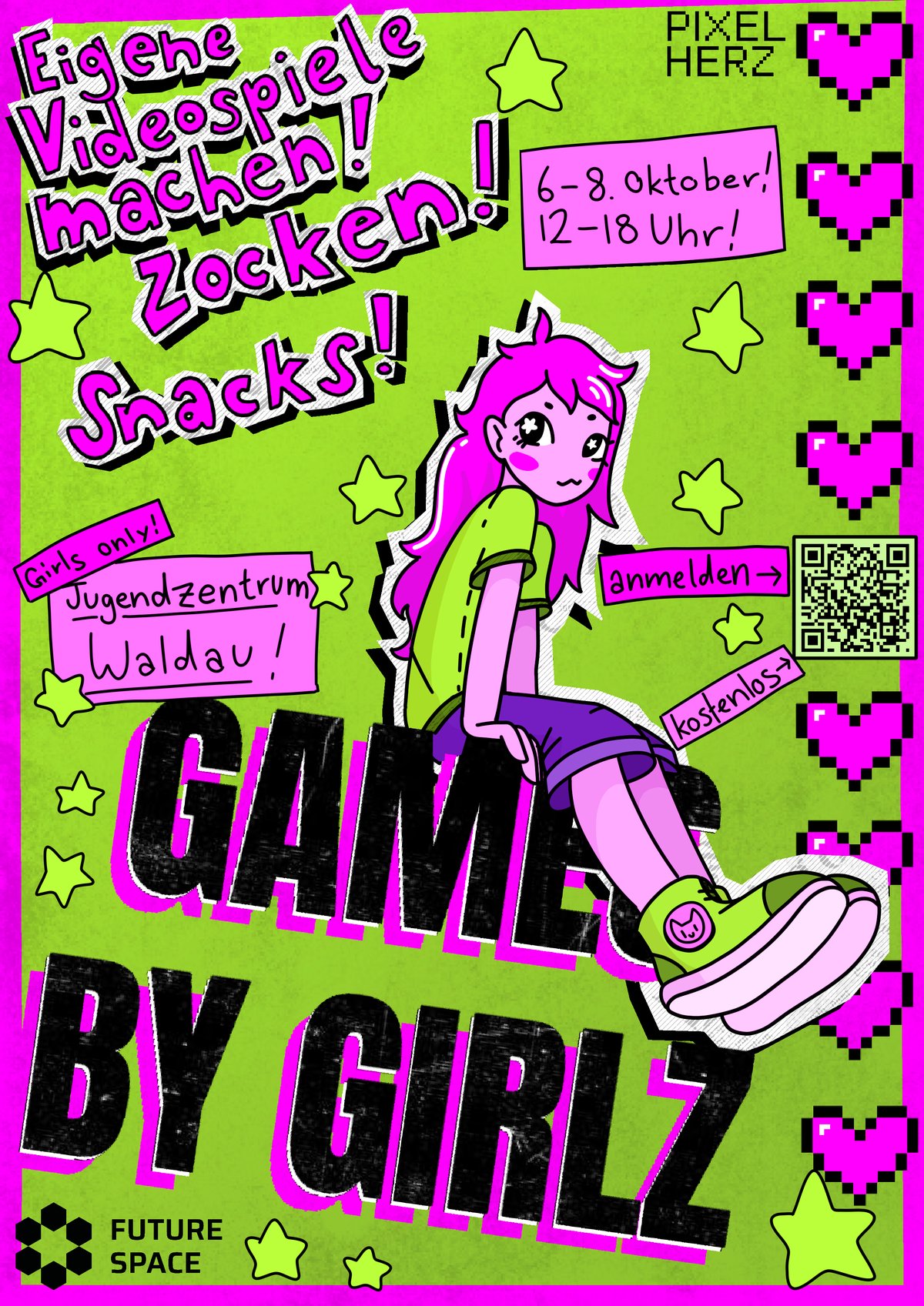 Plakat für ein Mädchen-Gaming-Event mit magentafarbener Anime-Figur, Veranstaltungsdaten und QR-Code zur Anmeldung.