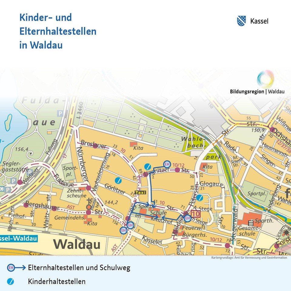 Stadtplan von Waldau mit gekennzeichneten Standorten von Kinderhaltestellen und Elternhaltestellen sowie Schulweg.